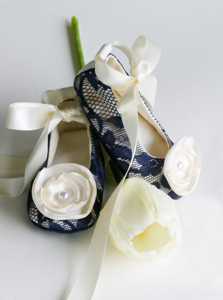 Baby Girl Shoes, Ballet Slipper, Navy Lace & Off-white Satin, Flower Girl, Toddler Shoe Sizes too, 14 colors - Baby Souls Couture Baby Shoes