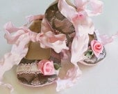 Baby Girl Shoes, Mocha Lace over Pink Satin with Rose Buds, Baby Souls Couture Baby Shoes - Petit Four Collection, Toddler sizes too