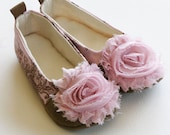 Couture Toddler Shoes, Ballet Flats, Pink Toile de Joey with shabby chic rose - Baby Shoe Sizes too - Baby Souls Baby Shoes