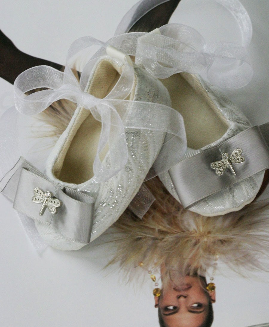 Baby Girl Shoes - Couture Baby Ballet Flat - Silver & White Brocade, Dragonfly  (Toddler Shoe Sizes too) Baby Souls Baby Shoes