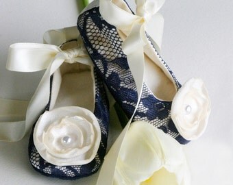 Baby Girl Shoes, Ballet Slipper, Navy Lace & Off-white Satin, Flower Girl, Toddler Shoe Sizes too, 14 colors - Baby Souls Couture Baby Shoes