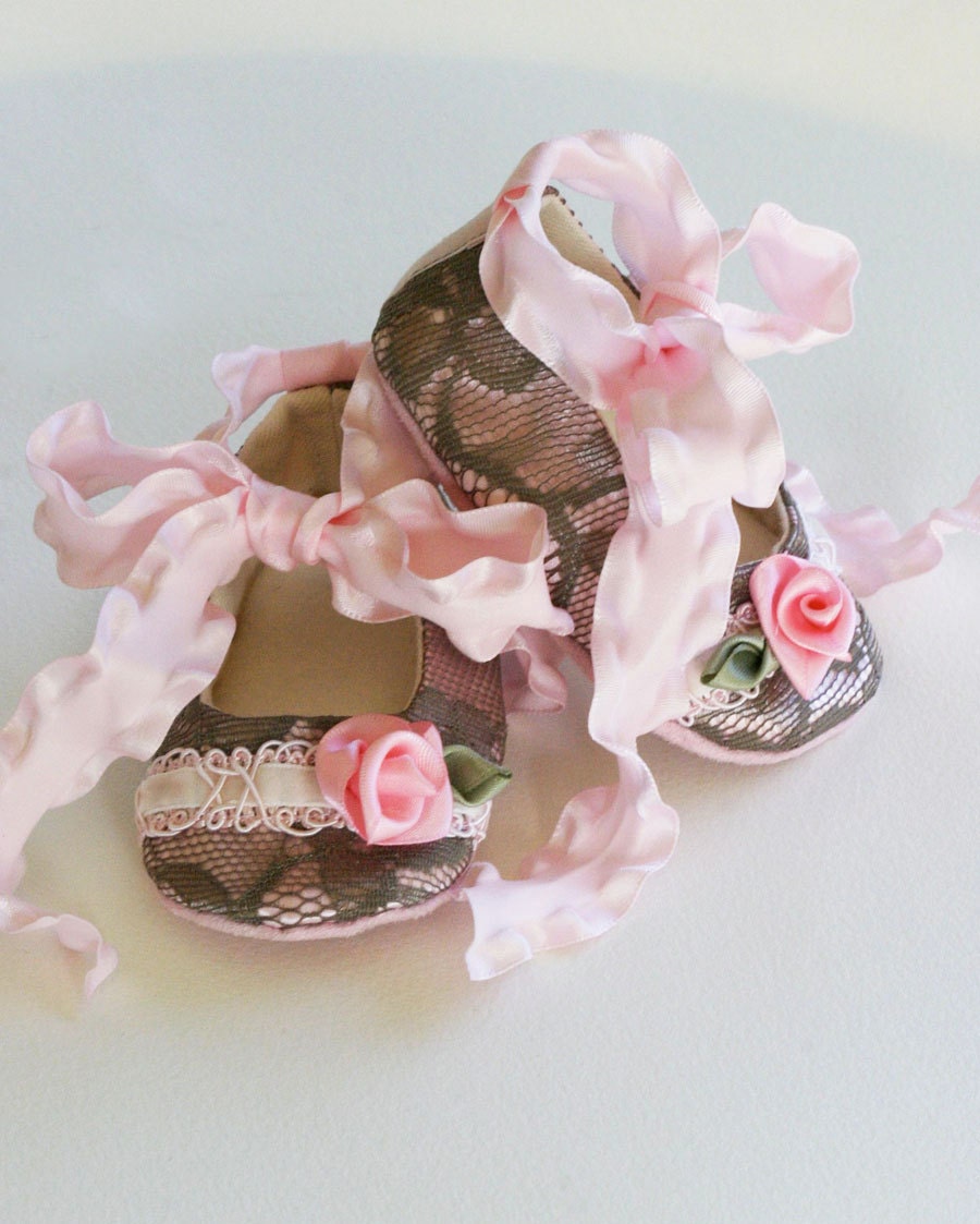 Baby Girl Shoes, Mocha Lace over Pink Satin with Rose Buds, Baby Souls Couture Baby Shoes - Petit Four Collection, Toddler sizes too