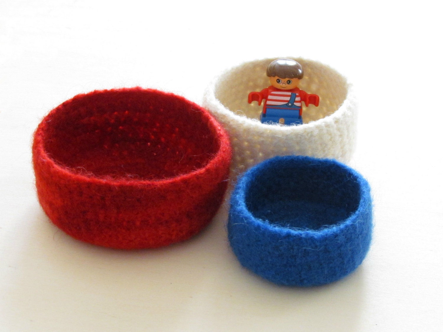 Nautical felted bowl / red blue white / 3 nested bowls - Patriotic colors