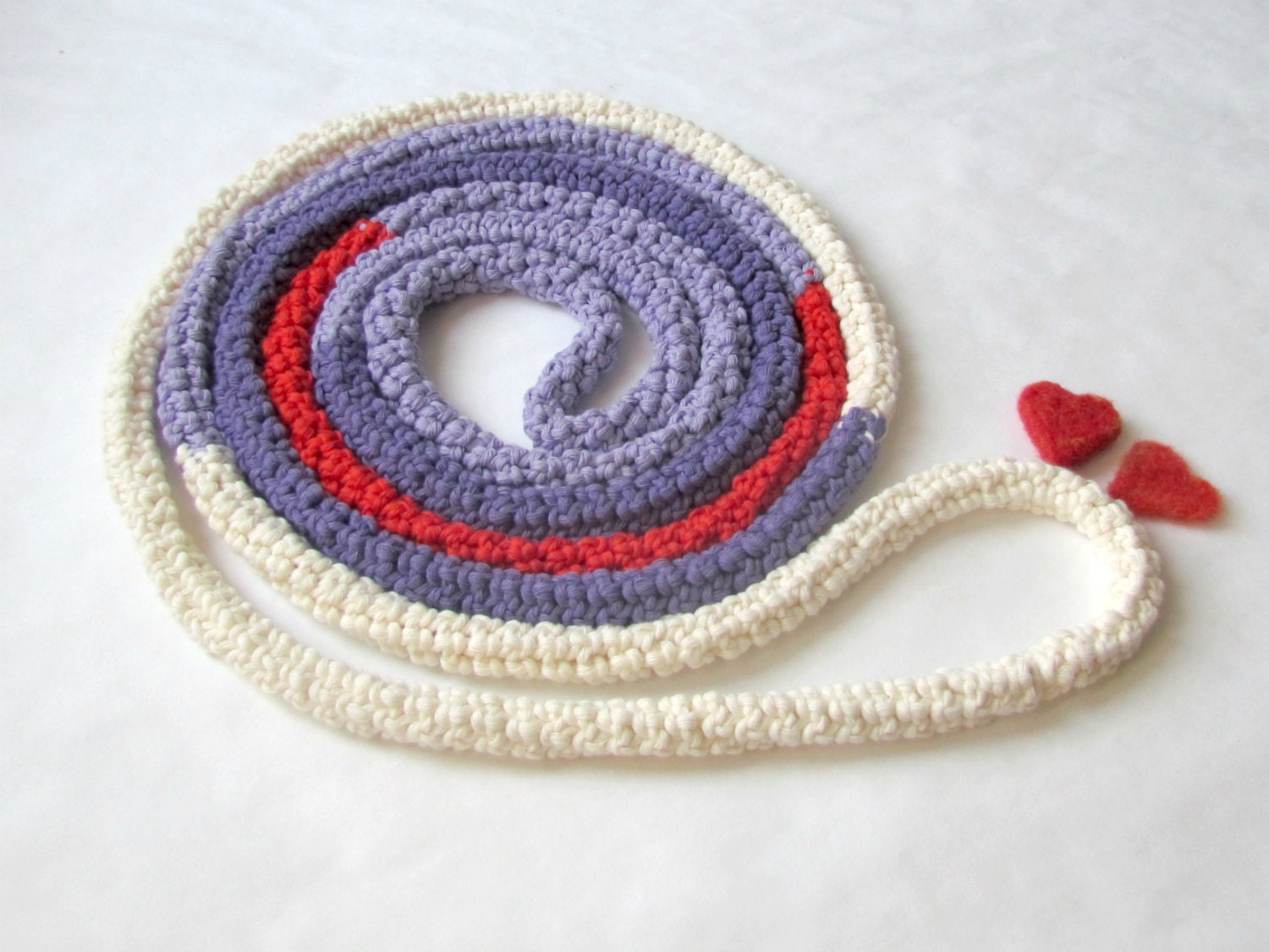 Extra long necklace -Skinny scarf Cream, purple, lilac and red - Crochet jewelry - block colors - Poppy and lavender field