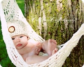 Hammock-crocheted photo prop in off-white with extra long rope ties