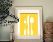 Spoon Knife Fork Poster Print with Sunshine Lemon Yellow Utensils for Modern Kitchen Art, Retro Apartments, or Fun Office Living Room Decor - EcoPrint