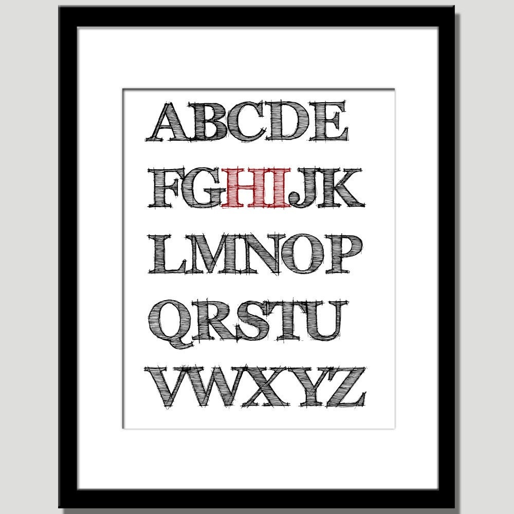 Red Black Modern Shabby Chic Home Wall Decor Paper Poster Print with ABCs Alphabet Hi for New House Gifts, Back to School, or Cute Greetings