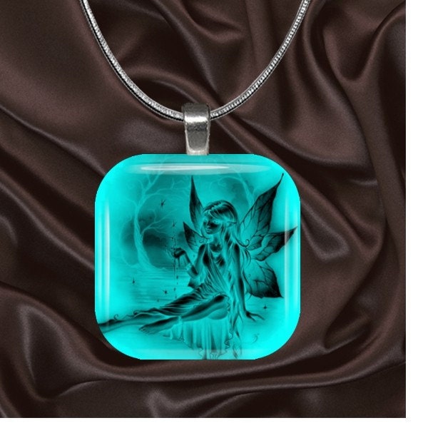 Black Fairy on Teal Glass Tile Pendant with your choice of chain included(Fairy1.3)
