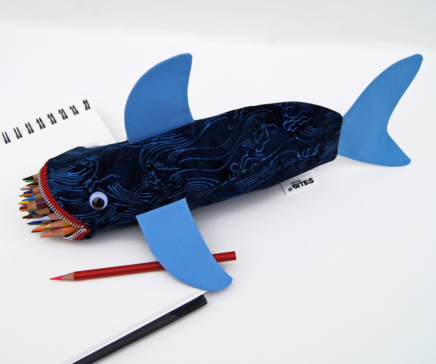 CLEARANCE Shark Pencil Case Geeky Cool Gift for Guys - Shark Bag for Kids - fun desk accessory: Twilight Waves Shark Bite, ready to ship