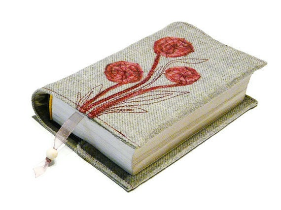 Grey bible cover Fabric Book cover Fiber Art flowers application