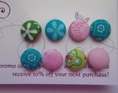 Thumbtacks push pins Fabric covered buttons pink green blue set of 8