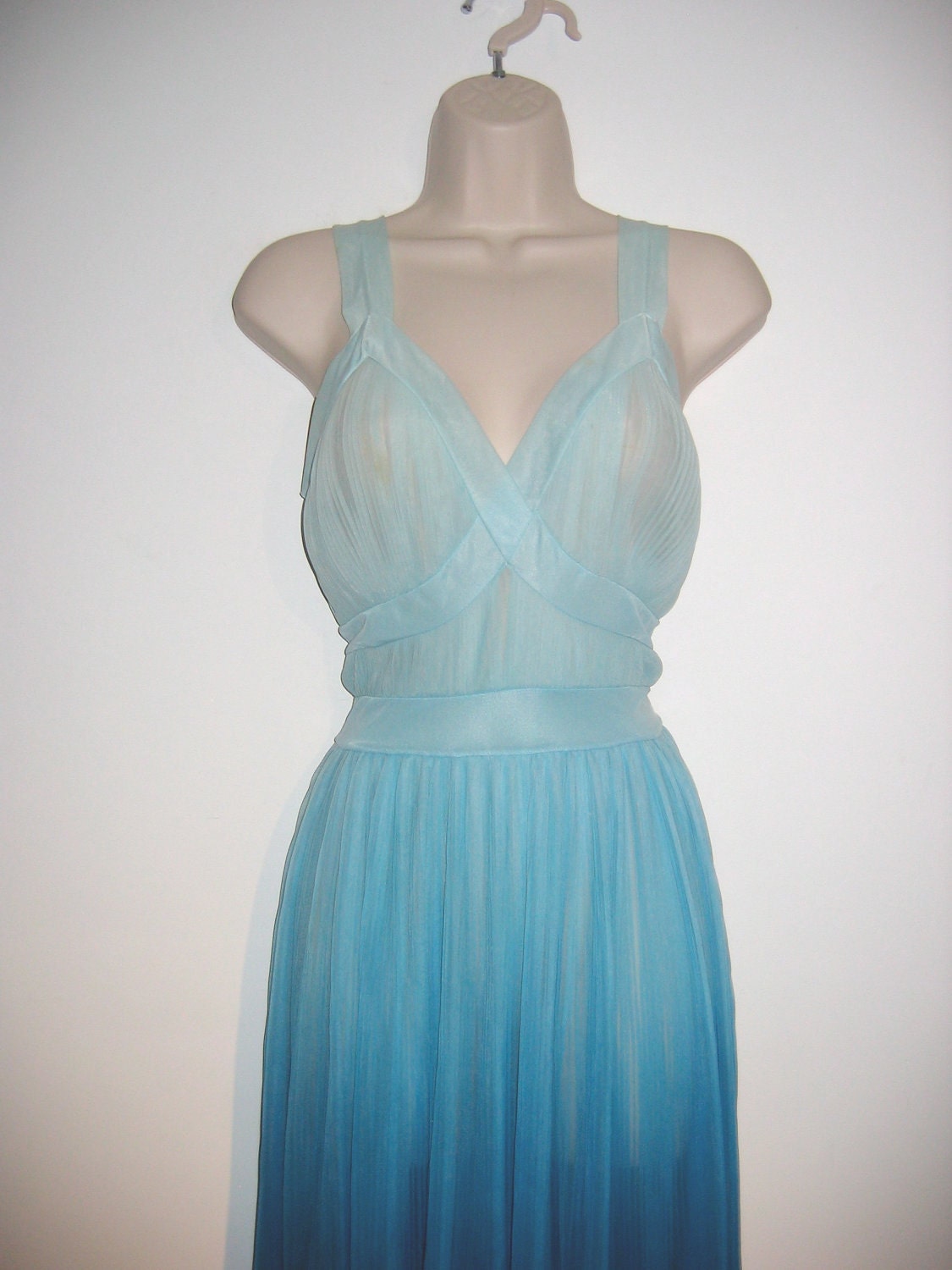 Sexy Sheer Nightgown Blue. Vintage 1950's Hollywood Goddess Gown with outstanding pleated Sheer chiffon and gradient color.