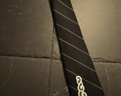 Black chalk-stripe tie with white embroidery