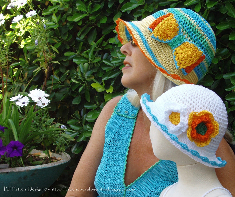 Summer Sun Hat with Flowers or Bow - Baby to Adult sizes - Crochet Pattern- Instant Download