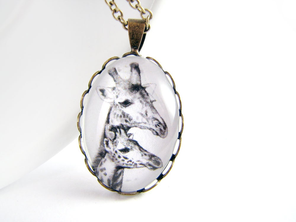 Giraffes Oval Lace Pendant Necklace - Animal Art Bronze Jewelry, Metal Chain