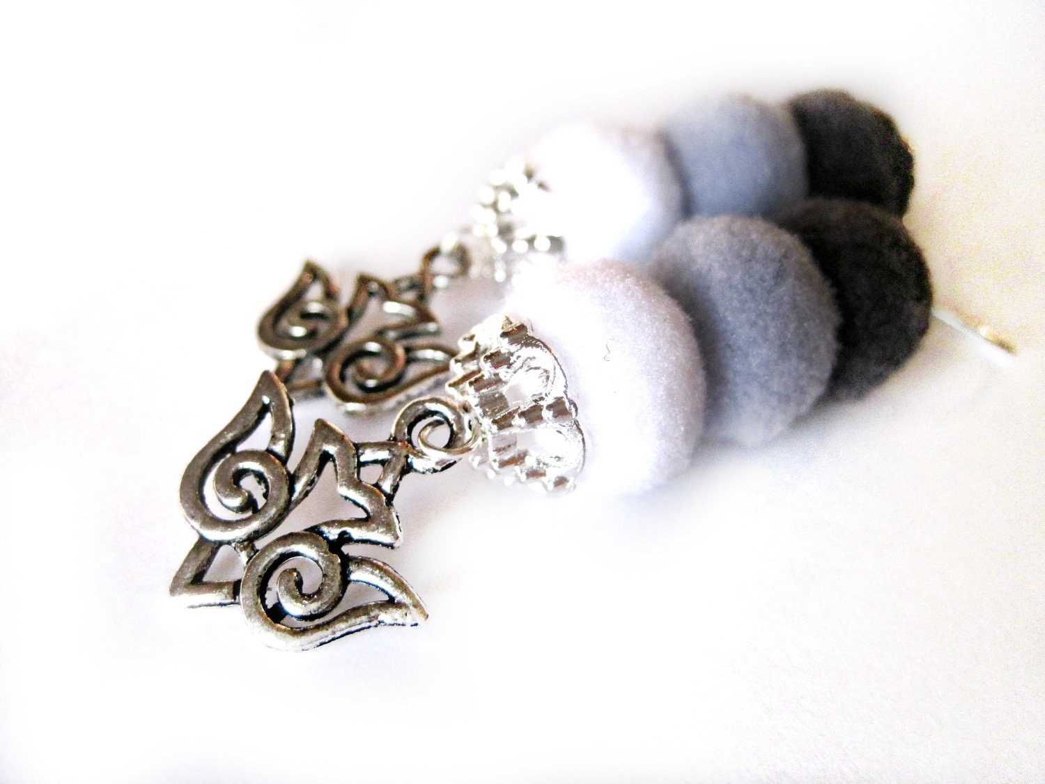 Pom pom earrings - gradual greys - Grey earrings - ombre graduated tones - neutral colors - silver earrings - BIRD dangles, dove charms