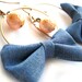 Denim bow earrings - Bow hoop earrings - vintage peach pearl bead - denim, blue, gold - big