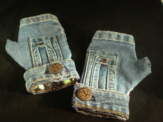 Fingerless Denim Gloves with Wooden Buttons