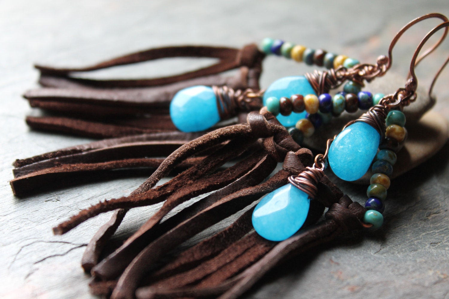 RAIN DANCE, Leather fringe earrings, picasso beads, blue jade drops, copper