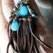 RAIN DANCE, Leather fringe earrings, picasso beads, blue jade drops, copper