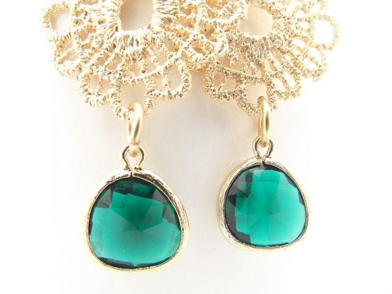 Emerald Green Dangle Earrings, Glass Teardrop, Lace Floral, Wedding Bridal, Women Jewelry