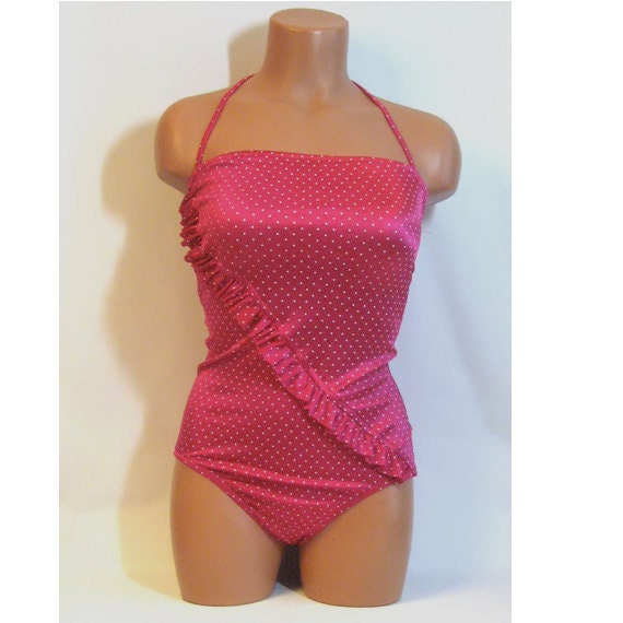 One Piece Swimsuit Hot Pink Ruffled 80s Swimsuit by RetroBLUSH