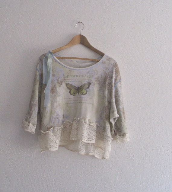 Romantic Rustic Cropped Shirt/ Funky Dress Oversize Eco Fashion Upcycled