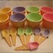 Vintage plastic ice cream cone dishes with spoons ,  ice cream condiment dishes, yogurt condiment dishes( 8 cones, 7 spoons)