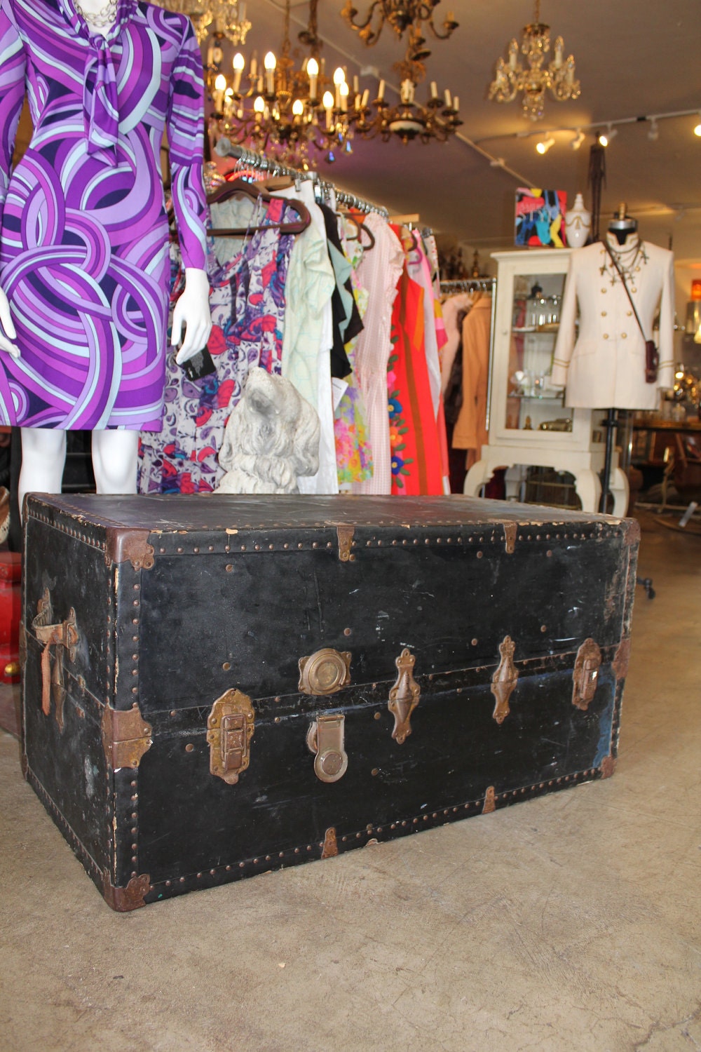 Well Worn Shabby but Functional 1940s Flat Top Steamer Trunk with Slightly Worn Interior