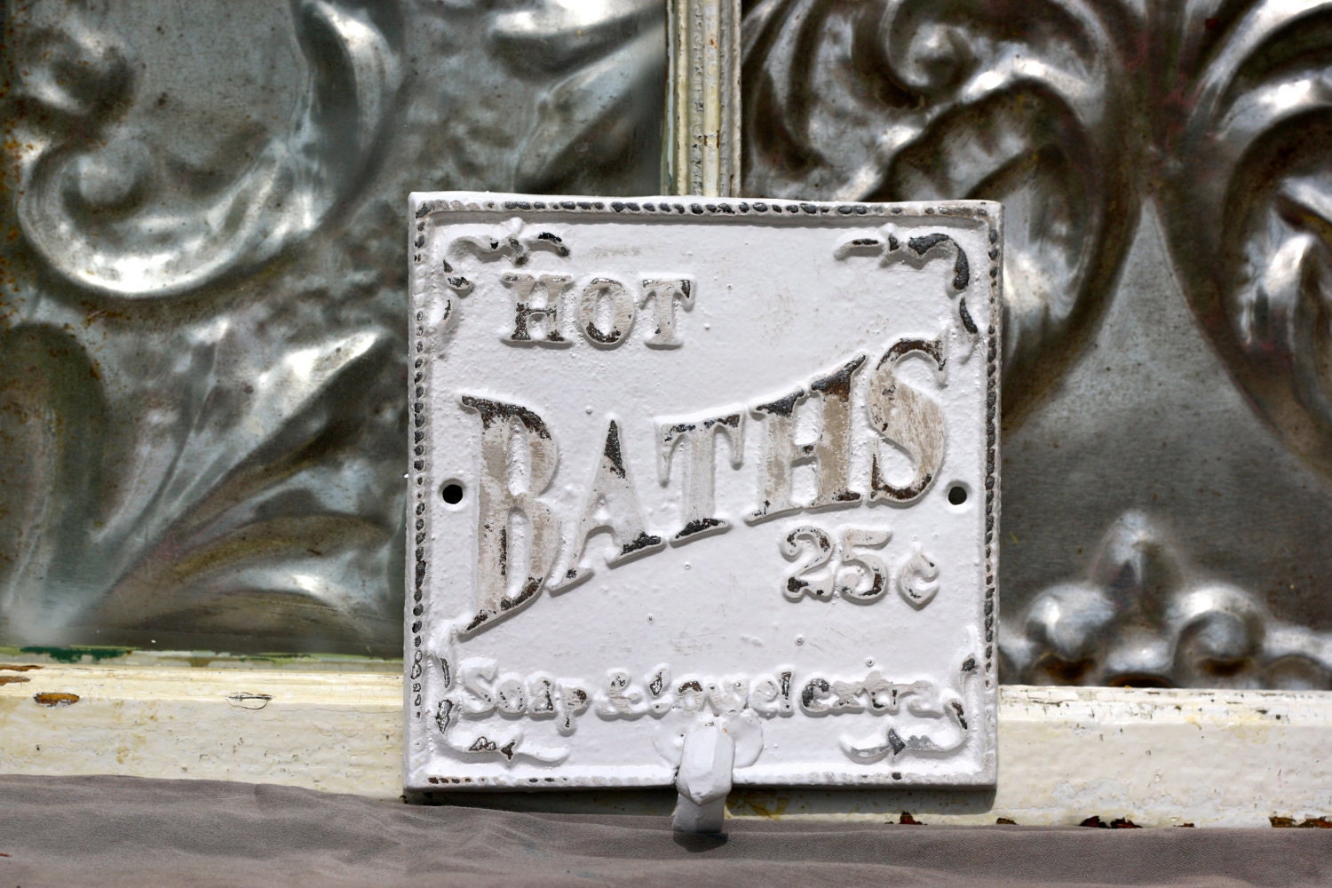 Bath Hook/ Wall Decor/ Shabby Chic Bath white Hot Bath/ Vintage Style Bath hook sign/Cottage Style bath hook signage