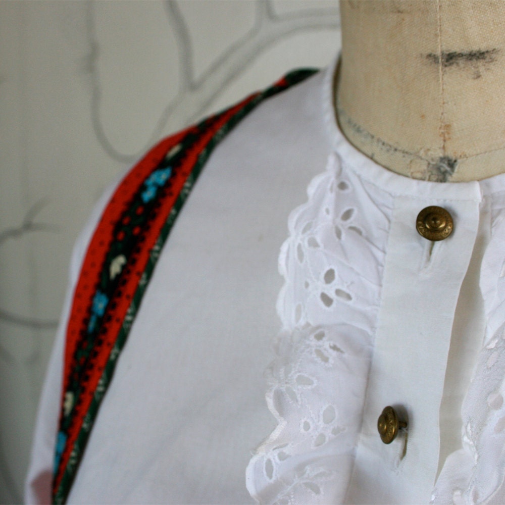 1960 Dirndl Dress German Apron Blouse Corset / Red White Green / Cotton Eyelet / Large - Gerda