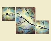 Romantic Love Birds, Blue Triptych, Acrylic Painting, 42 x 24 - Custom Large Painting