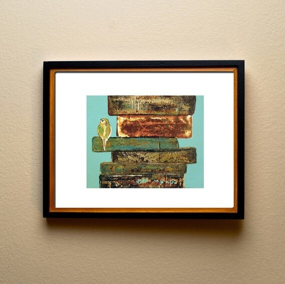 Bird Art Print, Signature Bird on Vintage Books, 8 x 10, Aqua and Rustic Chic
