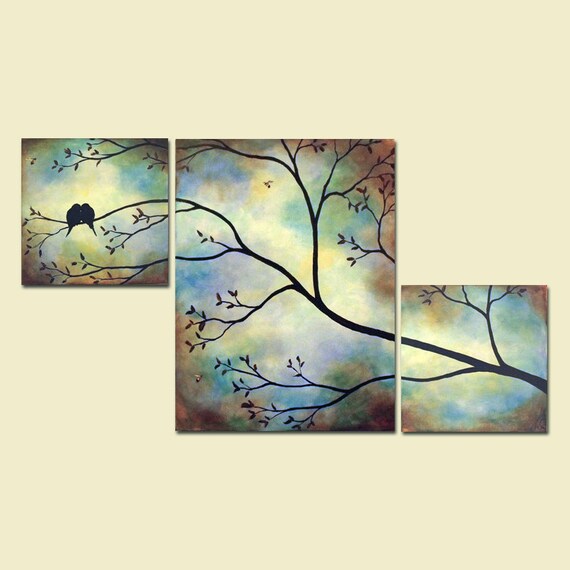 Romantic Love Birds, Blue Triptych, Acrylic Painting, 42 x 24 - Custom Large Painting