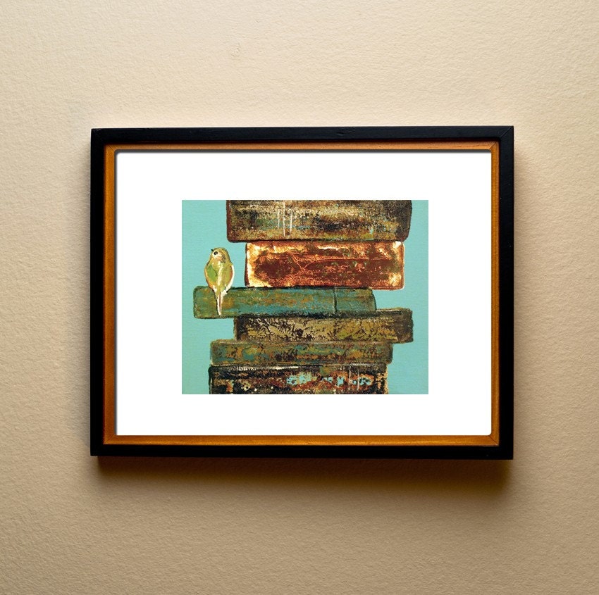 Contemporary Art Print Little Bird nestled in Vintage Inspired Books...Larger Print