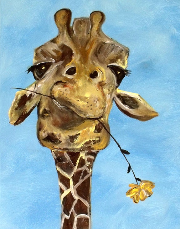 Giraffe with flower poster print: Give a giraffe and a smile.