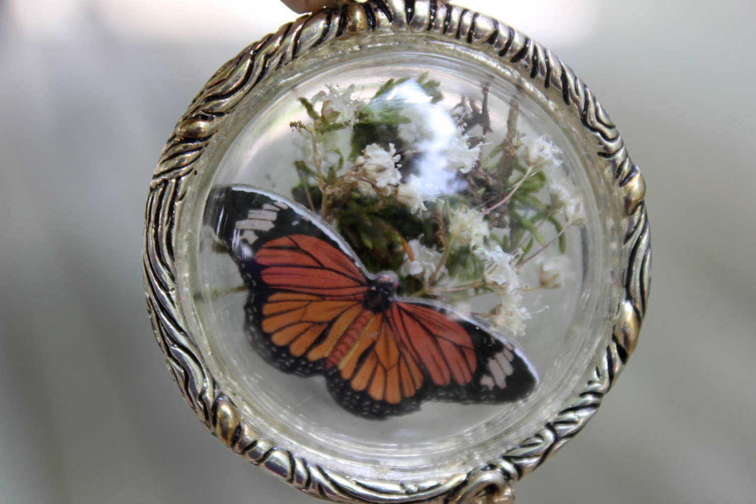 Orange Butterfly Terrarium Necklace