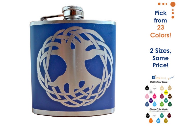 TREE of LIFE FLASK- celtic knot alcohol, liquor, booze, wedding party, bridal party, festival, concert, hip- Personalized- You pick Color