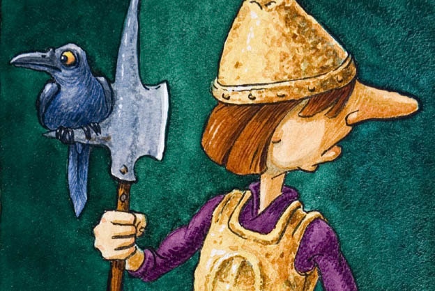 medieval knight and bird  humorous colorful original art  acrylic painting