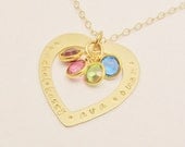 PERSONALIZED Mothers Day Jewelry 14k Gold OPEN HEART Necklace . Hand Stamped Washer Pendant Charm Mom Gift Birthstones Free shipping