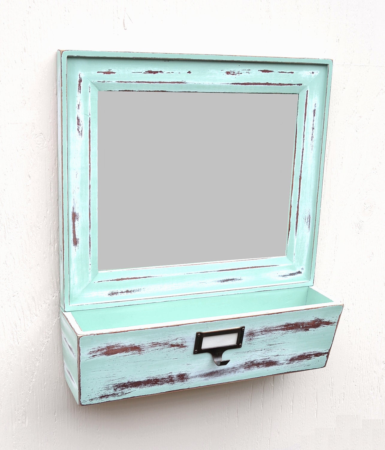 20% OFF SALE Mail Holder Mirrored With Labeled Key Hook In Shabby Blue Green Finish