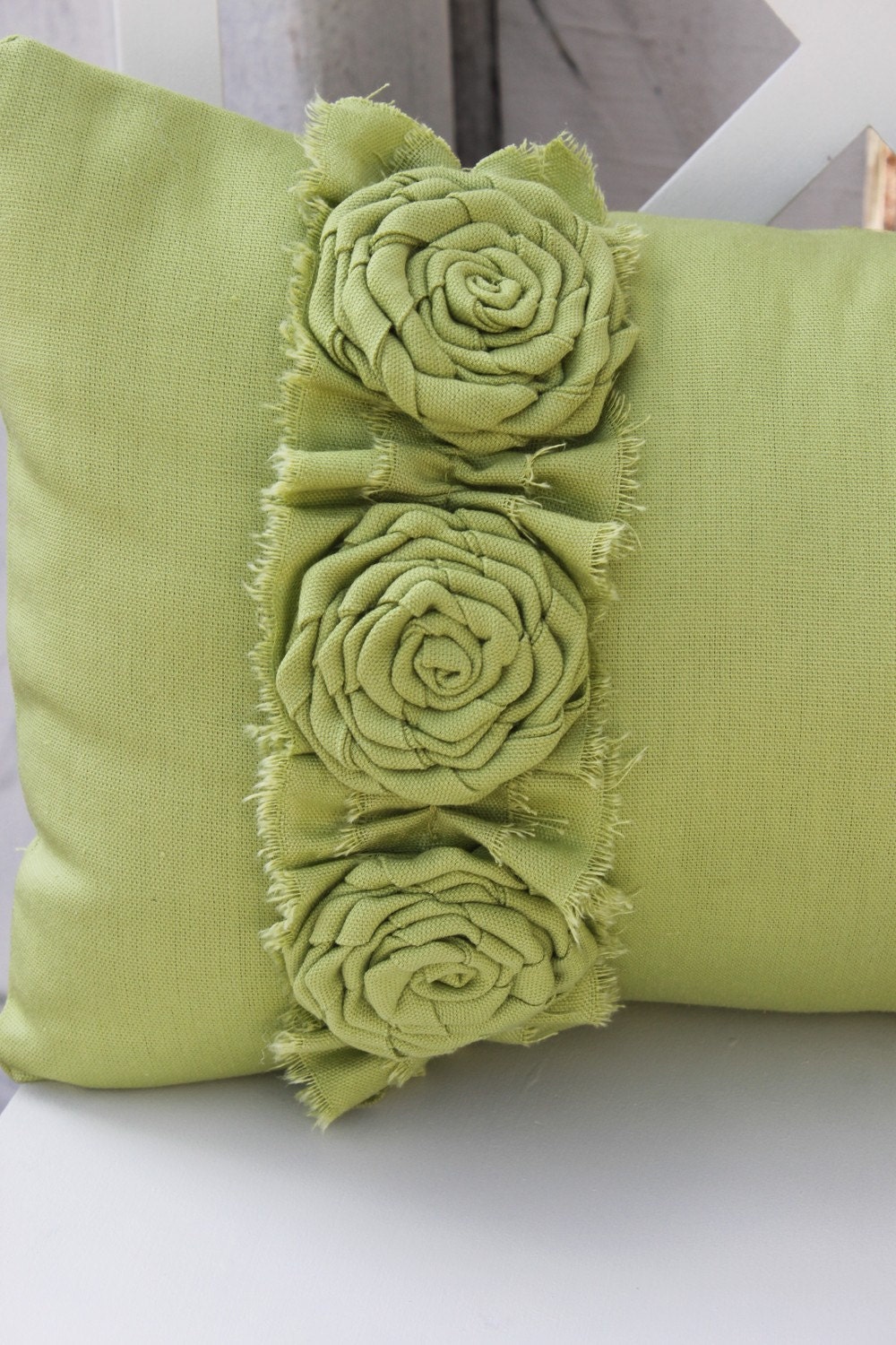 Apple Green Pillow with Frayed Ruffle and 3 Flower Roses