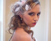 Bow Style White Birdcage Veil with Coche Feathers, Pink Tulle & Vintage Pink Pearls