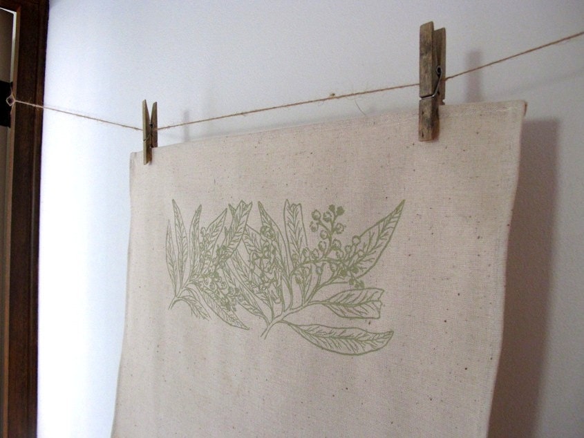 Australian wattle design  - screen printed hemp and organic cotton TEA TOWEL l / dish cloth