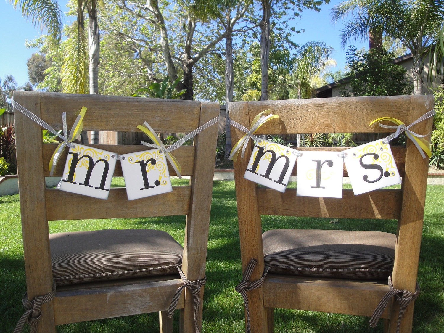 MR. and MRS. wedding chair hanger signs CUSTOMIZE to your wedding colors / Decorative rhinestones and ribbons