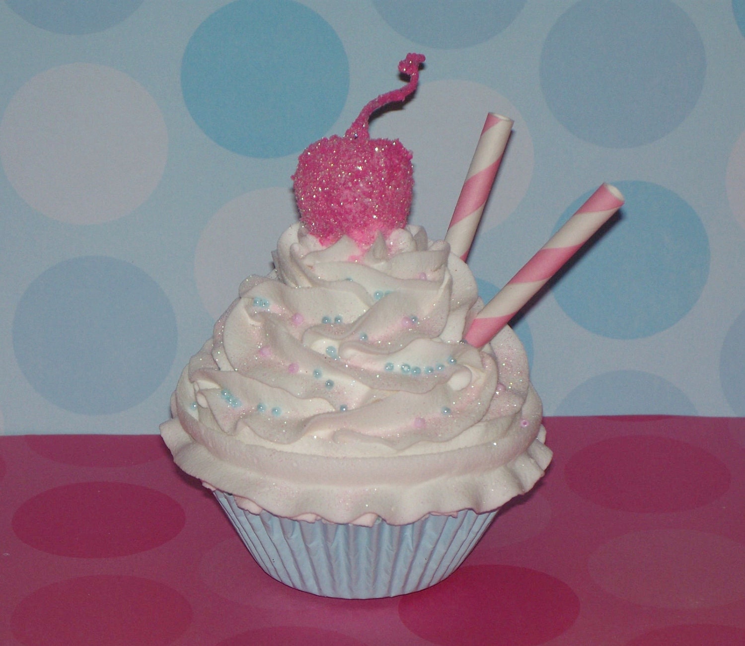 Baby Blue, Pink and White Fake Cupcake Polka Dot Straws great for Party Favor, Gift, Kitchen, Home Decor, Display, Photo Prop