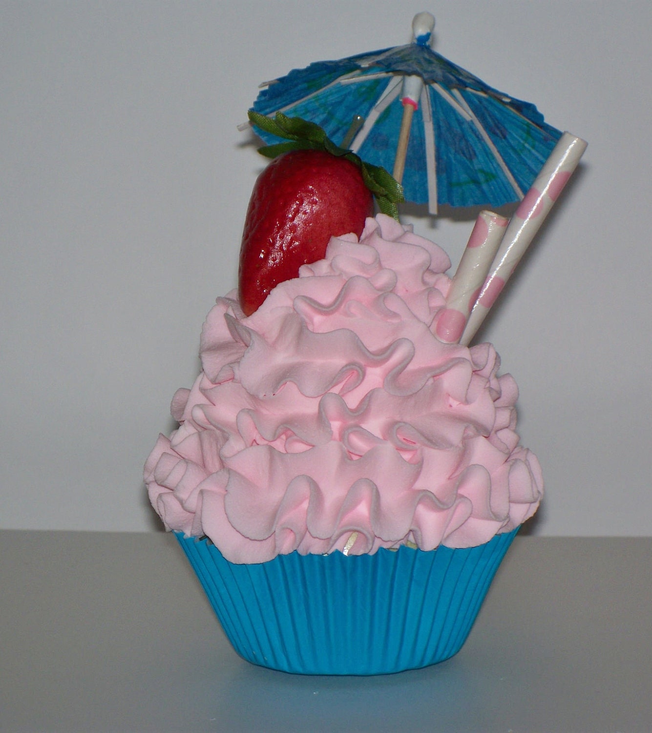 Strawberry Fake Cupcake with Umbrella, Straws, Wedding Decor, Party Display, Bachelorette Party Props, Photo Props
