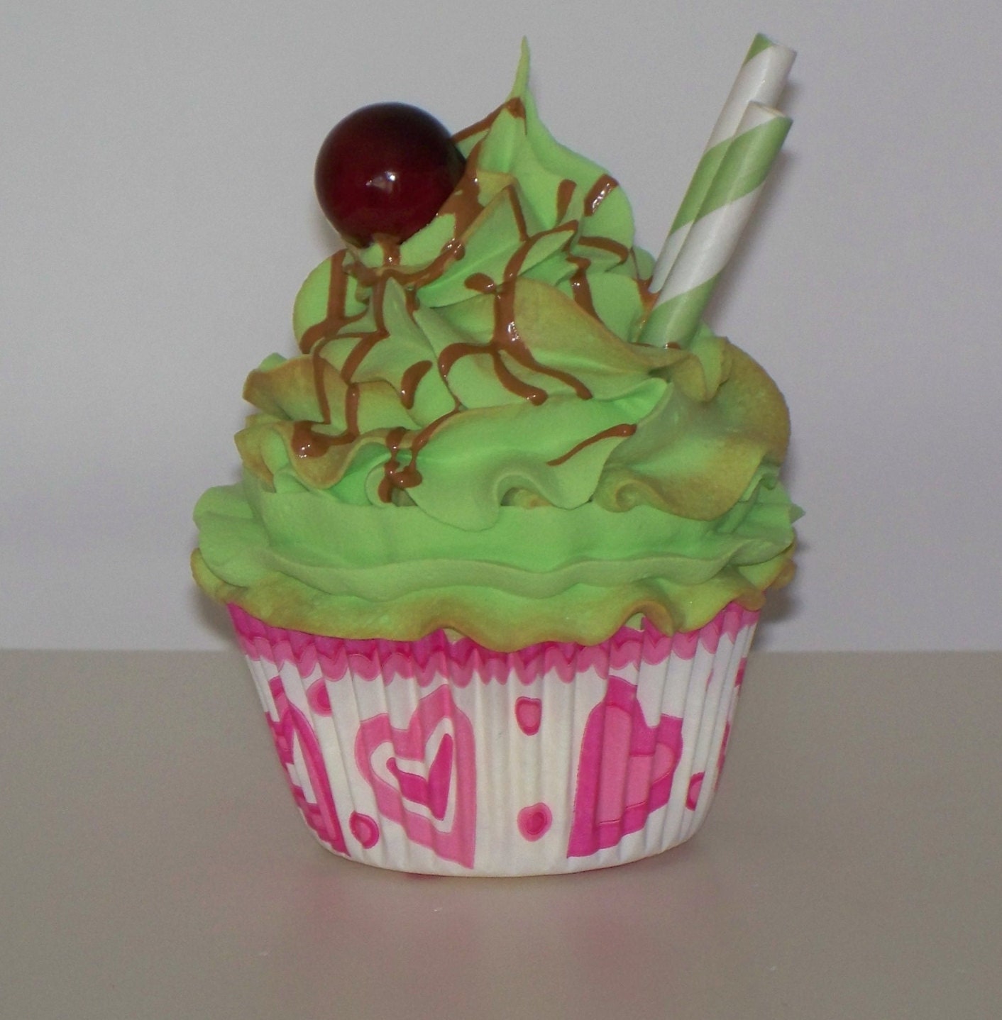Caramel Sour Apple Fake Cupcakes with Black Cherry and Straws great summer Photo Props, Unique Gifts, Kitchen Home Decor, Shoppe Display