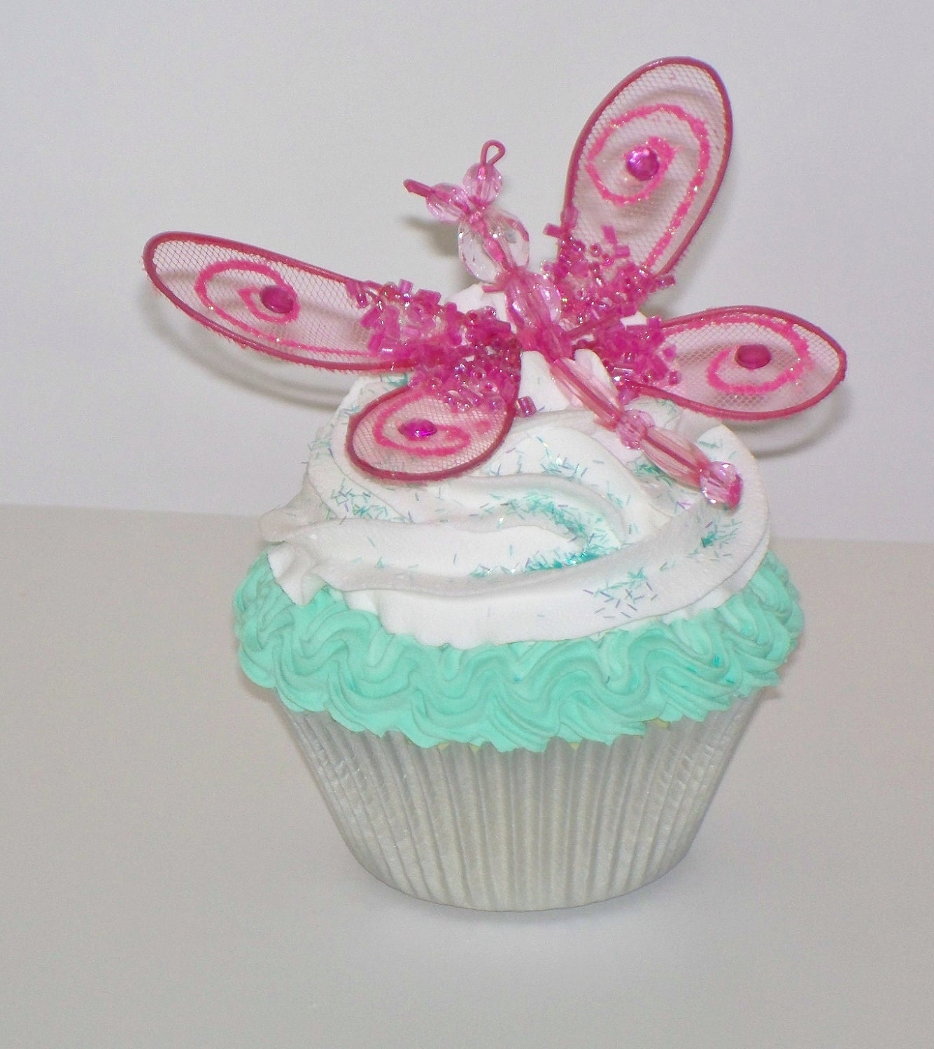Hot Pink Butterfly Fake Cupcake with Mint Green and White Frosting, Summer Photo Props, Cupcake Stand Display, Party Decorations, Home Decor