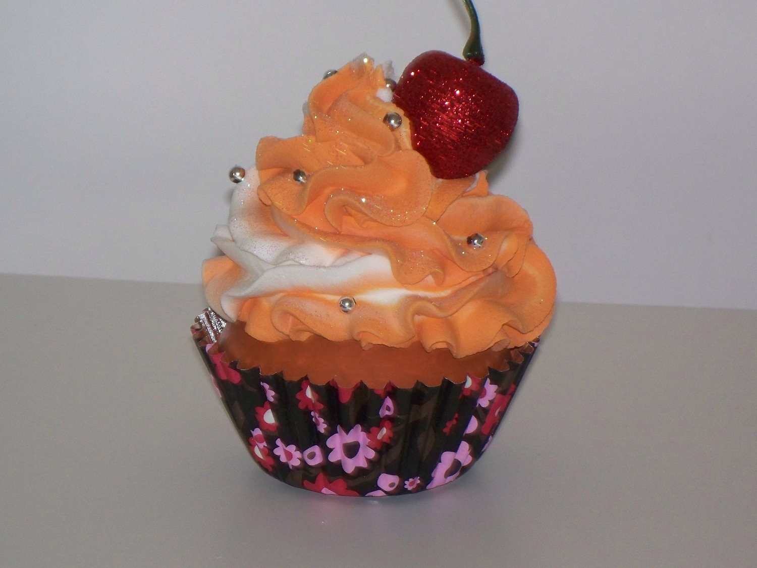 Tangerine Twist Fake Cupcake with Silver Beads, Red Glittery Cherry, for Photo Props, Unique Gifts, Party Decorations, Fake Food Display